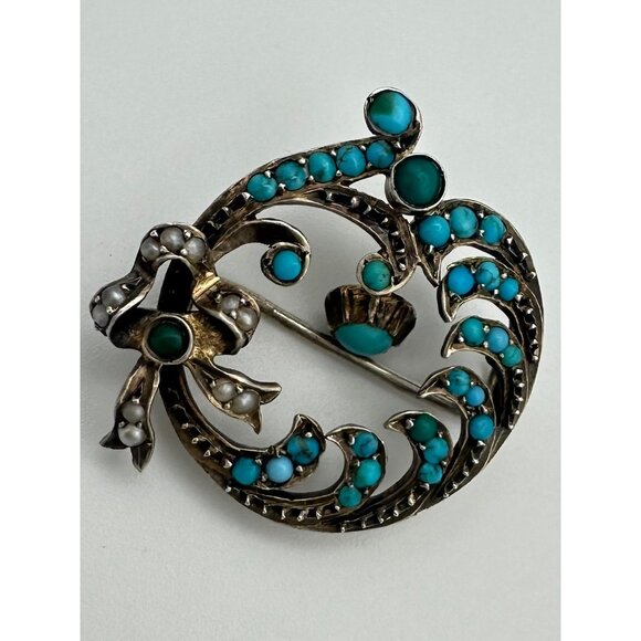 Antique Victorian 9kt gold genuine turquoise cabochons seed pearls bow brooch - Picture 7 of 12